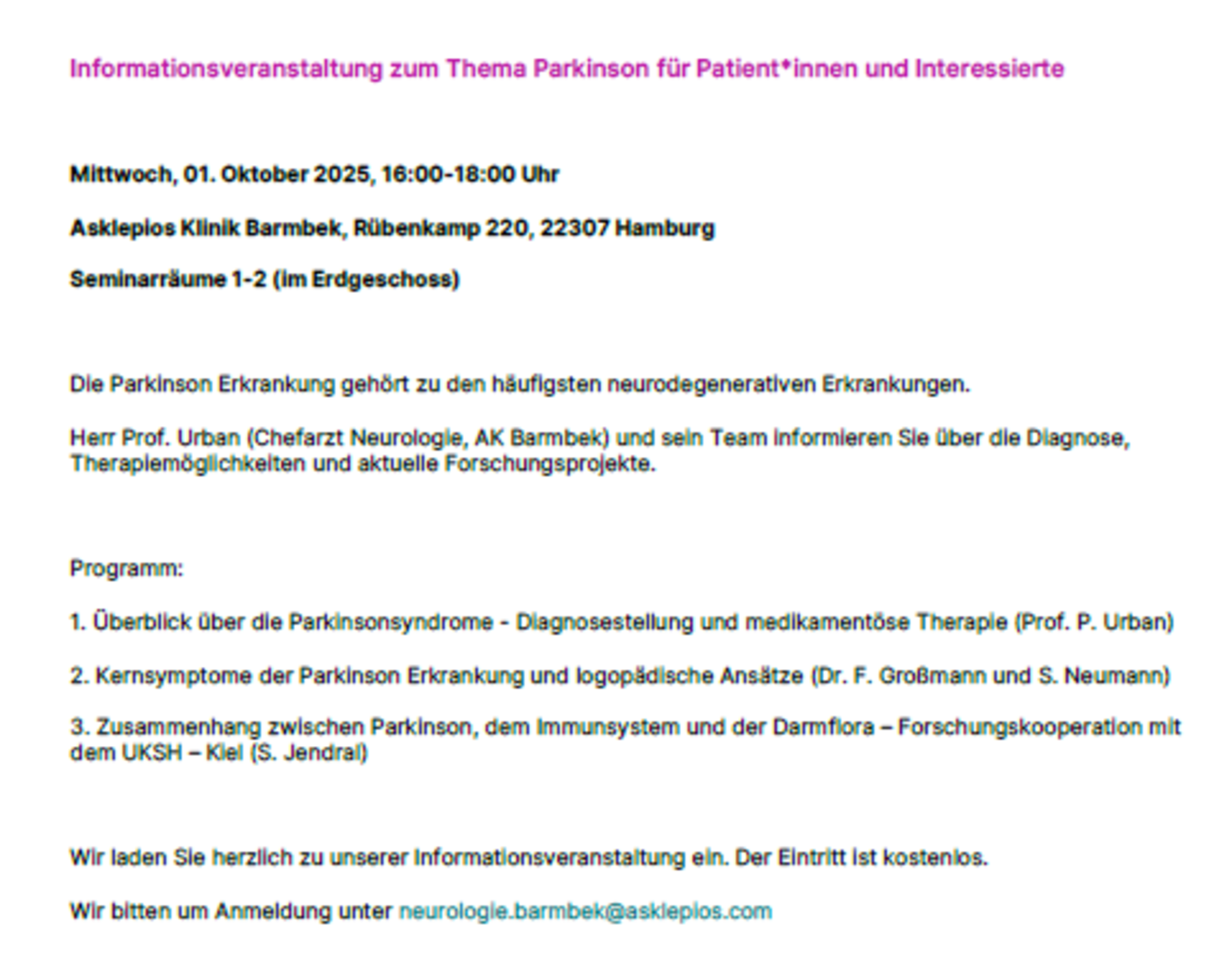 Einladung zur Parkinson-Information Hamburg am 01.10.2025 (weitere Infos unter Termine)